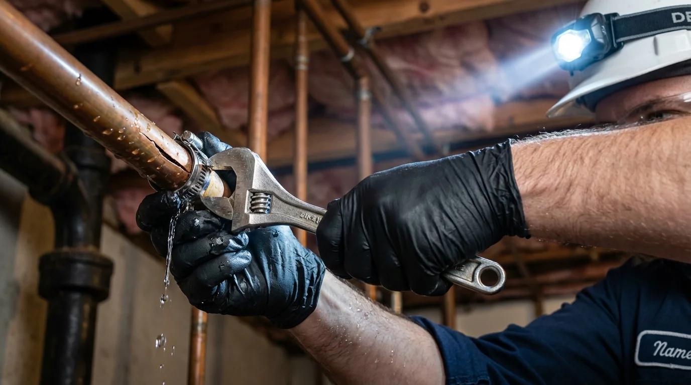 Emergency pipe clamp repair being performed by a Johns Plumbing LLC plumber in Pearson